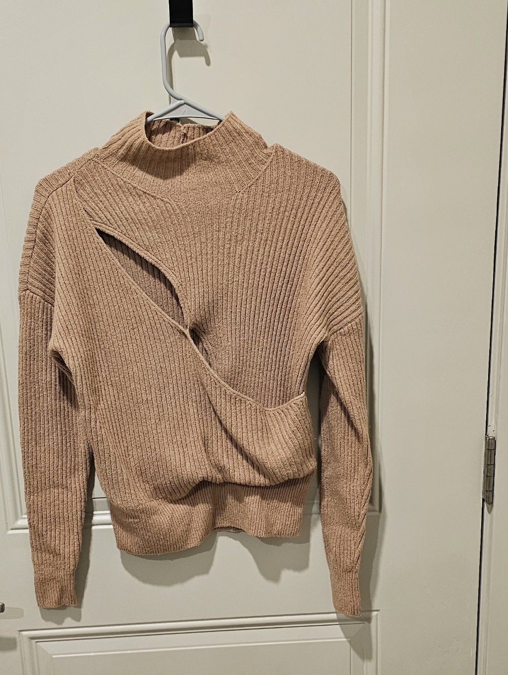 Asymmetrical Cutout Mock Neck Sweater in Taupe